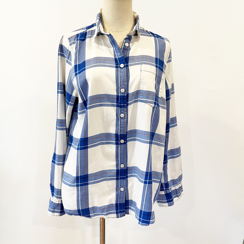 J.Crew Factory Blue White Plaid Button Front Shirt Boy Fit Medium